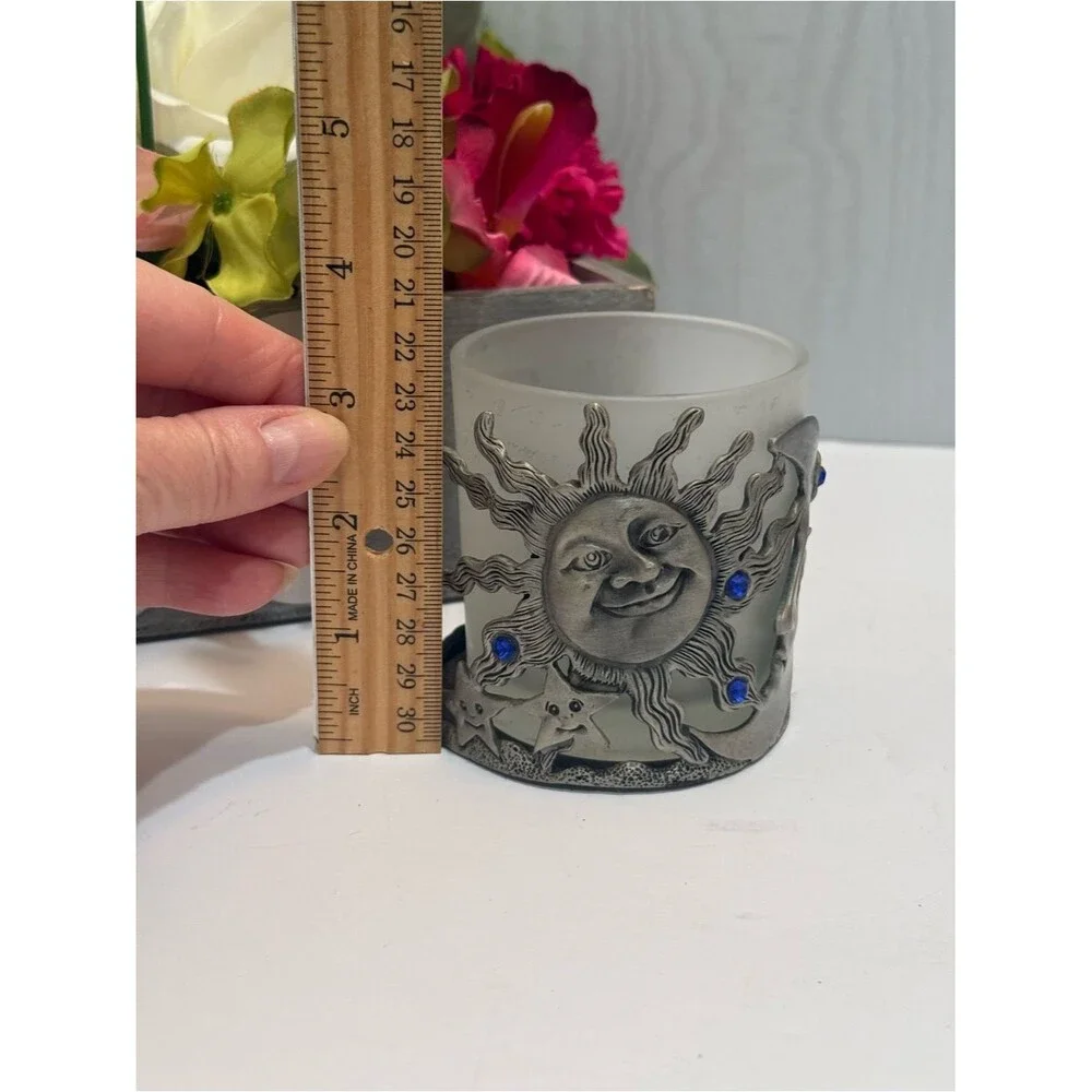 Vintage 90s Pewter Celestial Sun Moon Votive Candle Holder Blue Rhinestones